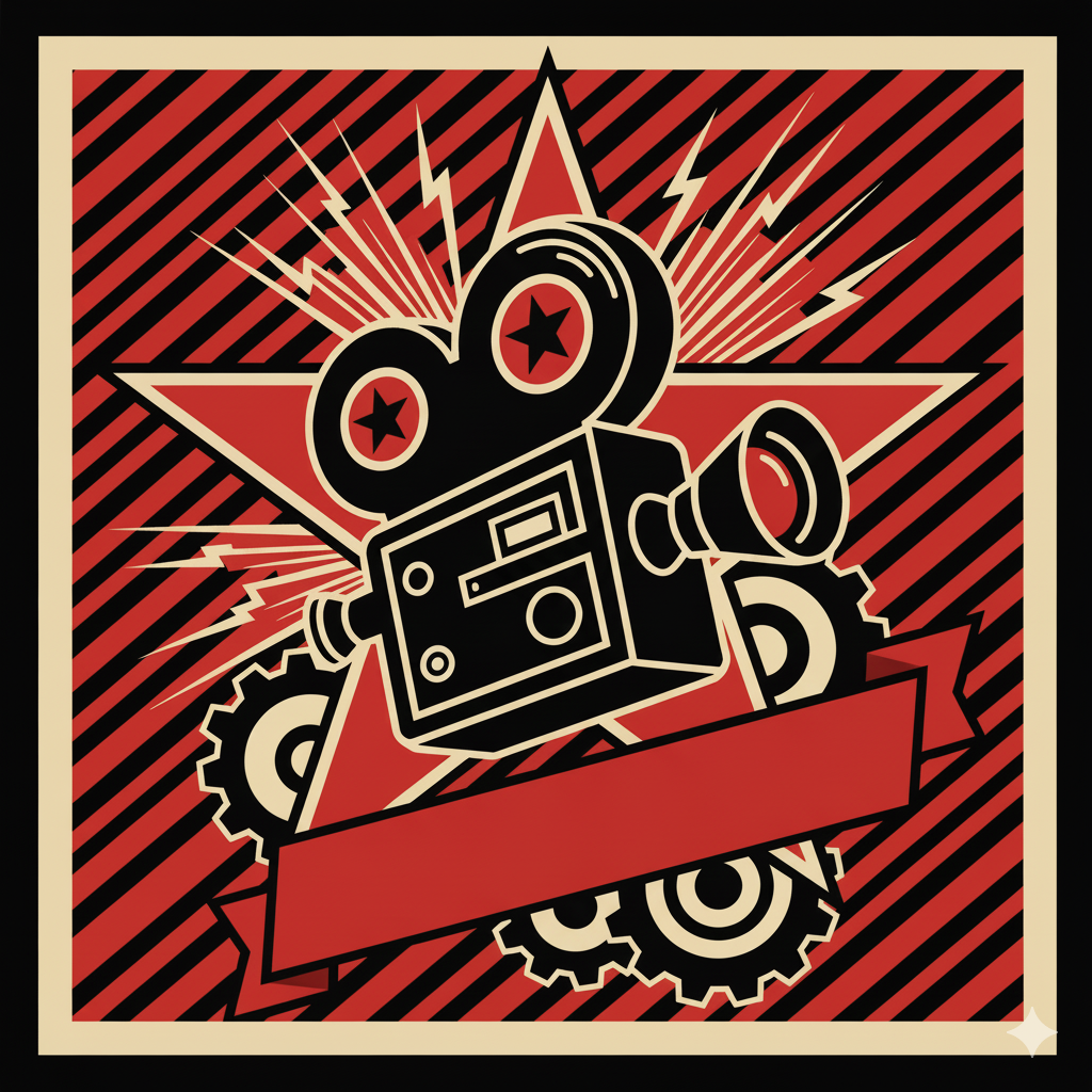 Ilustração de uma câmera de cinema em estilo de pôster soviético.